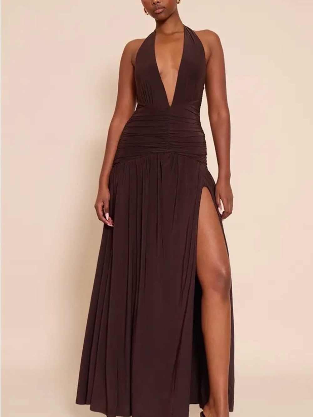 CHOCOLATE DOUBLE LAYER SLINKY RUCHED DETAIL MAXI